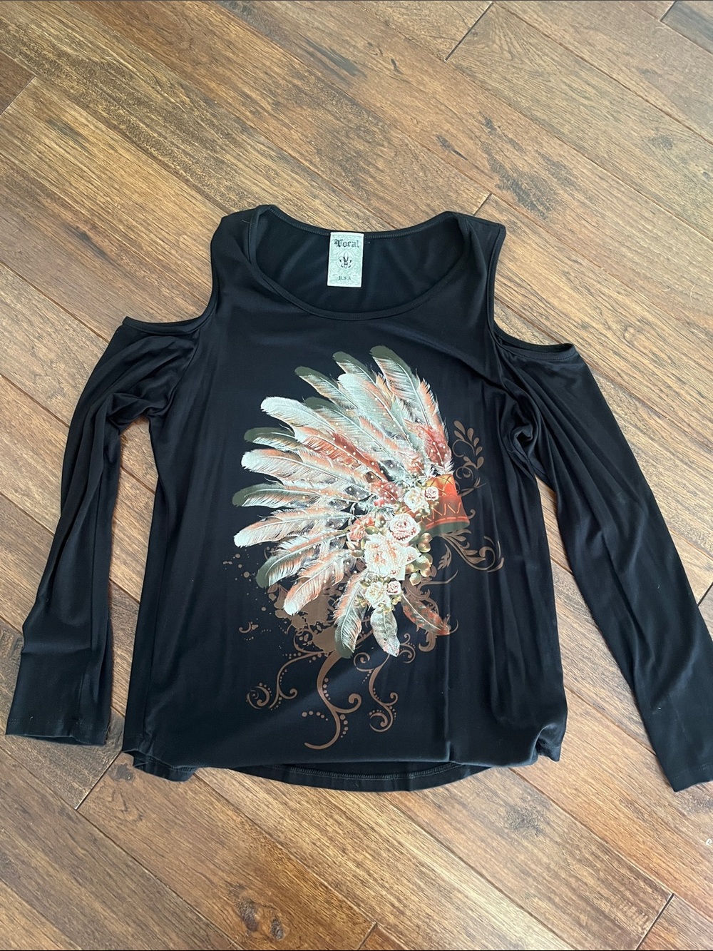 Vocal Black Off-the-Shoulder Feather & Floral Graphic Top